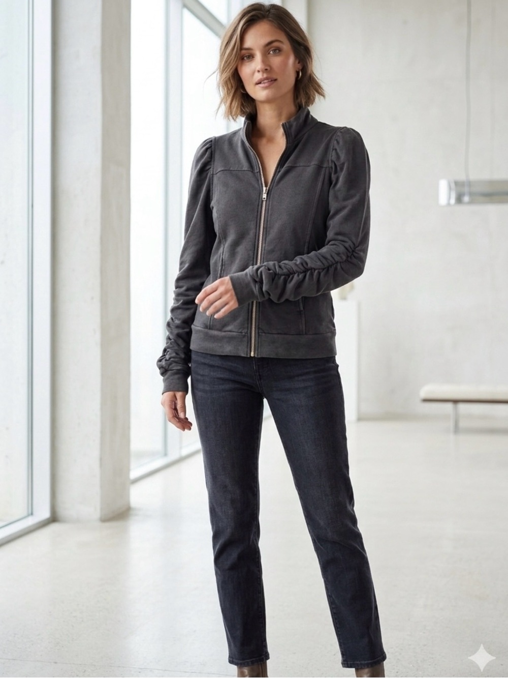 Chaser Dark Gray Ruched-Sleeve Zip Jacket